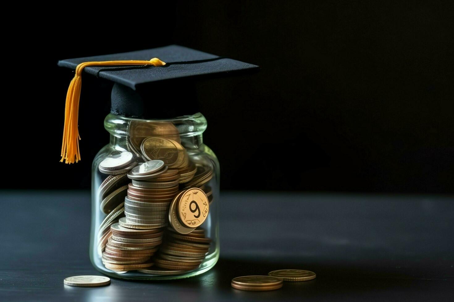 A glass bottle with stack of coins money and a graduation hat on top. Saving money and educational success concept by AI Generated photo