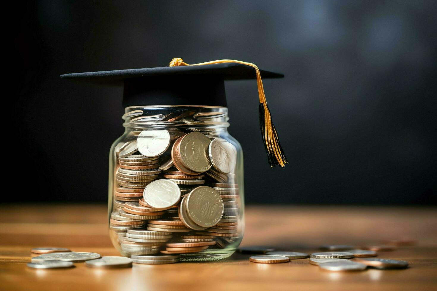 un vaso botella con apilar de monedas dinero y un graduación sombrero en cima. ahorro dinero y educativo éxito concepto por ai generado foto