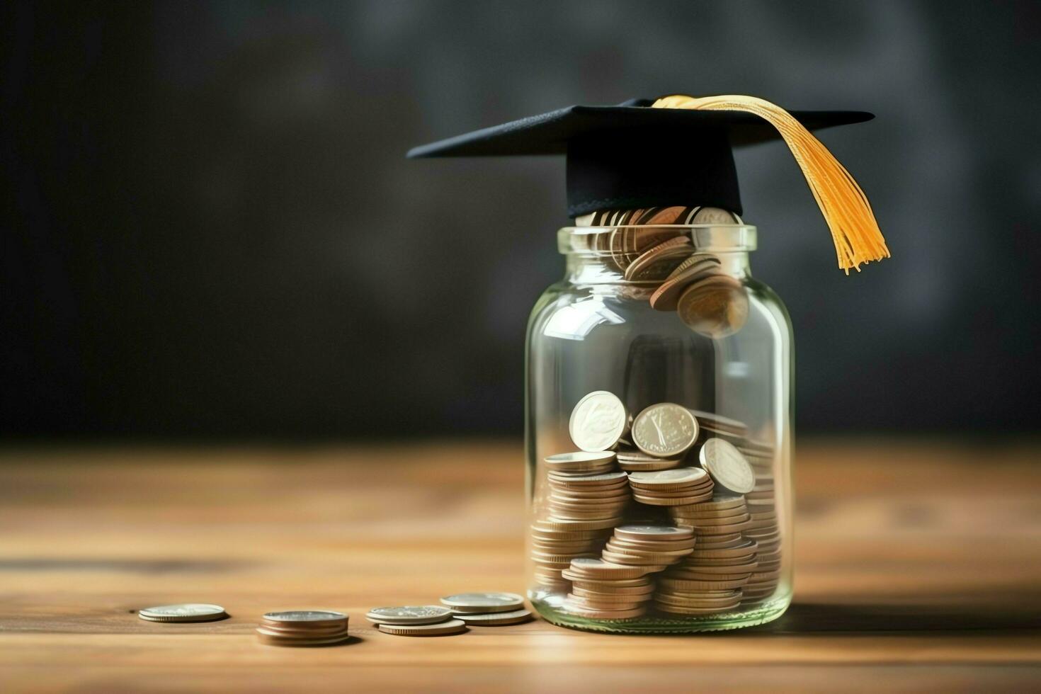 A glass bottle with stack of coins money and a graduation hat on top. Saving money and educational success concept by AI Generated photo