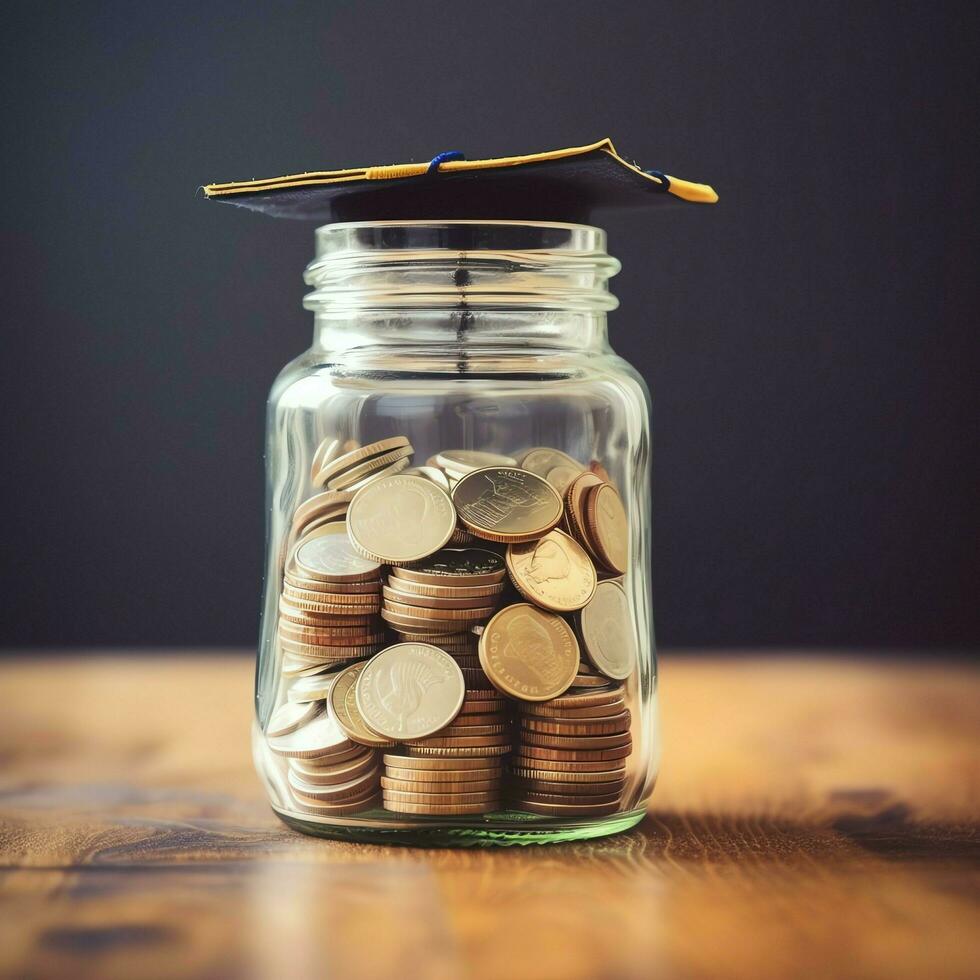 A glass bottle with stack of coins money and a graduation hat on top. Saving money and educational success concept by AI Generated photo