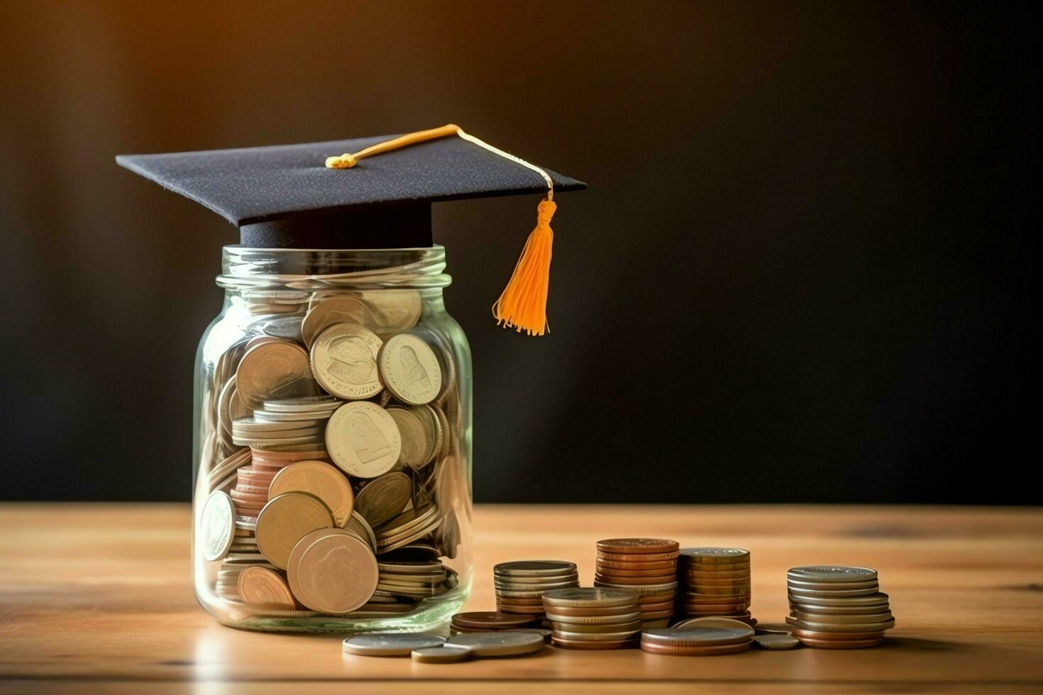 A glass bottle with stack of coins money and a graduation hat on top. Saving money and educational success concept by AI Generated photo