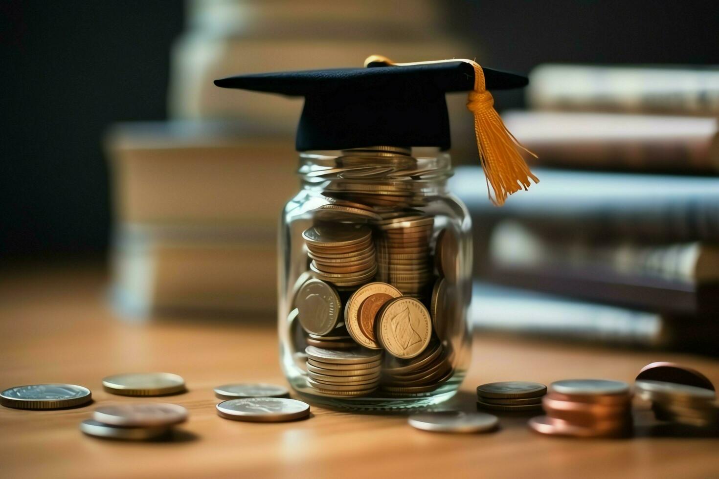 A glass bottle with stack of coins money and a graduation hat on top. Saving money and educational success concept by AI Generated photo