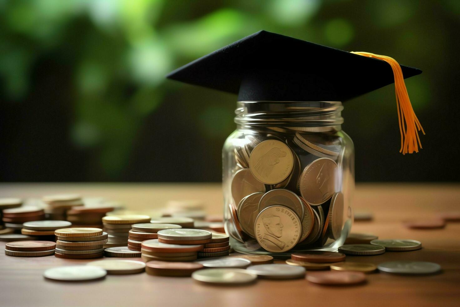 A glass bottle with stack of coins money and a graduation hat on top. Saving money and educational success concept by AI Generated photo
