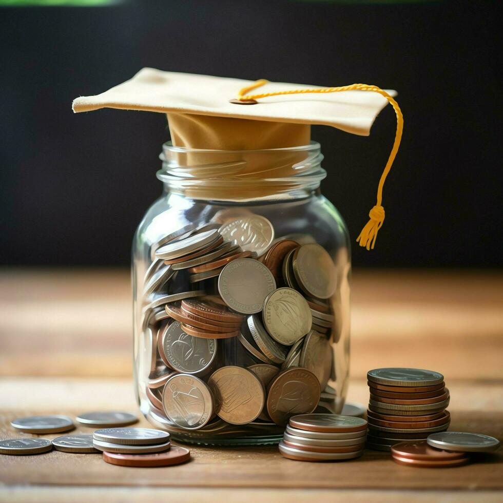 A glass bottle with stack of coins money and a graduation hat on top. Saving money and educational success concept by AI Generated photo