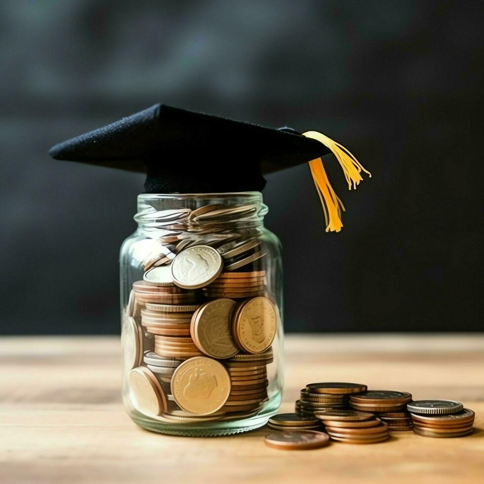 A glass bottle with stack of coins money and a graduation hat on top. Saving money and educational success concept by AI Generated photo