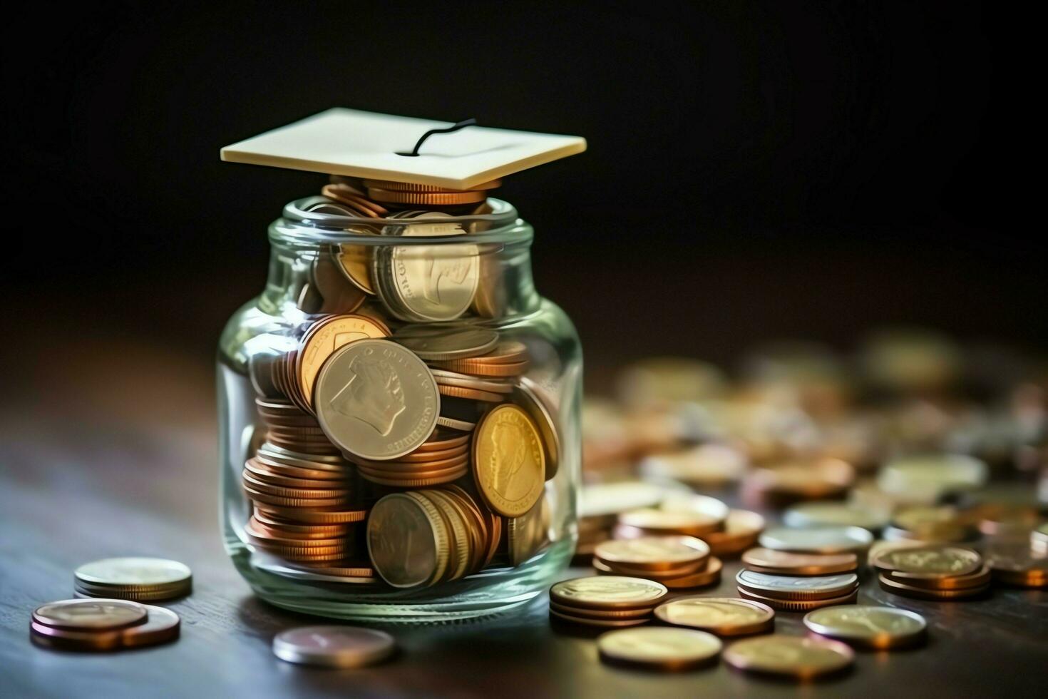 A glass bottle with stack of coins money and a graduation hat on top. Saving money and educational success concept by AI Generated photo