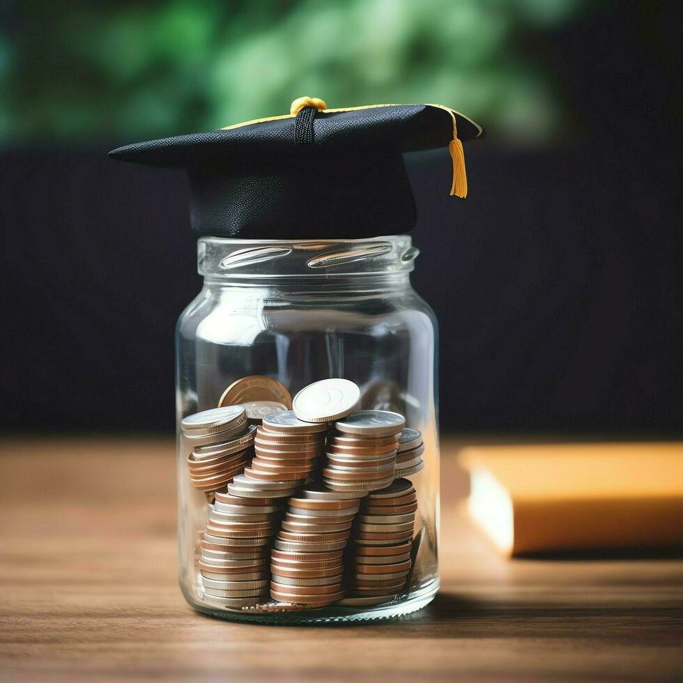 A glass bottle with stack of coins money and a graduation hat on top. Saving money and educational success concept by AI Generated photo