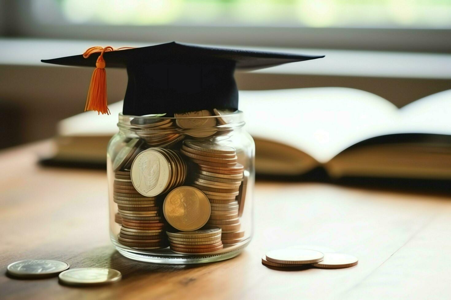 A glass bottle with stack of coins money and a graduation hat on top. Saving money and educational success concept by AI Generated photo