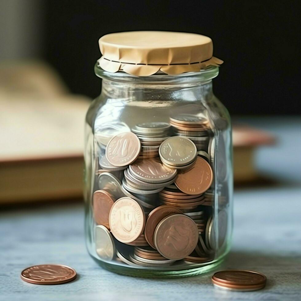 un vaso botella con apilar de monedas dinero y un graduación sombrero en cima. ahorro dinero y educativo éxito concepto por ai generado foto