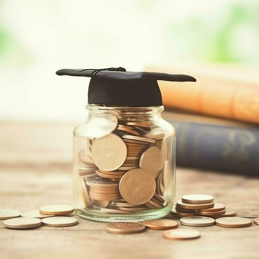 A glass bottle with stack of coins money and a graduation hat on top. Saving money and educational success concept by AI Generated photo