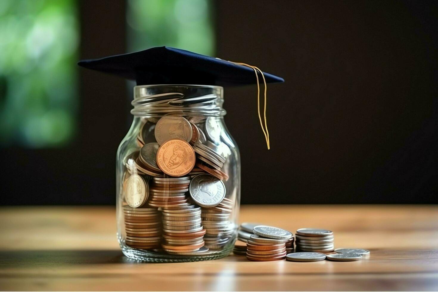 A glass bottle with stack of coins money and a graduation hat on top. Saving money and educational success concept by AI Generated photo