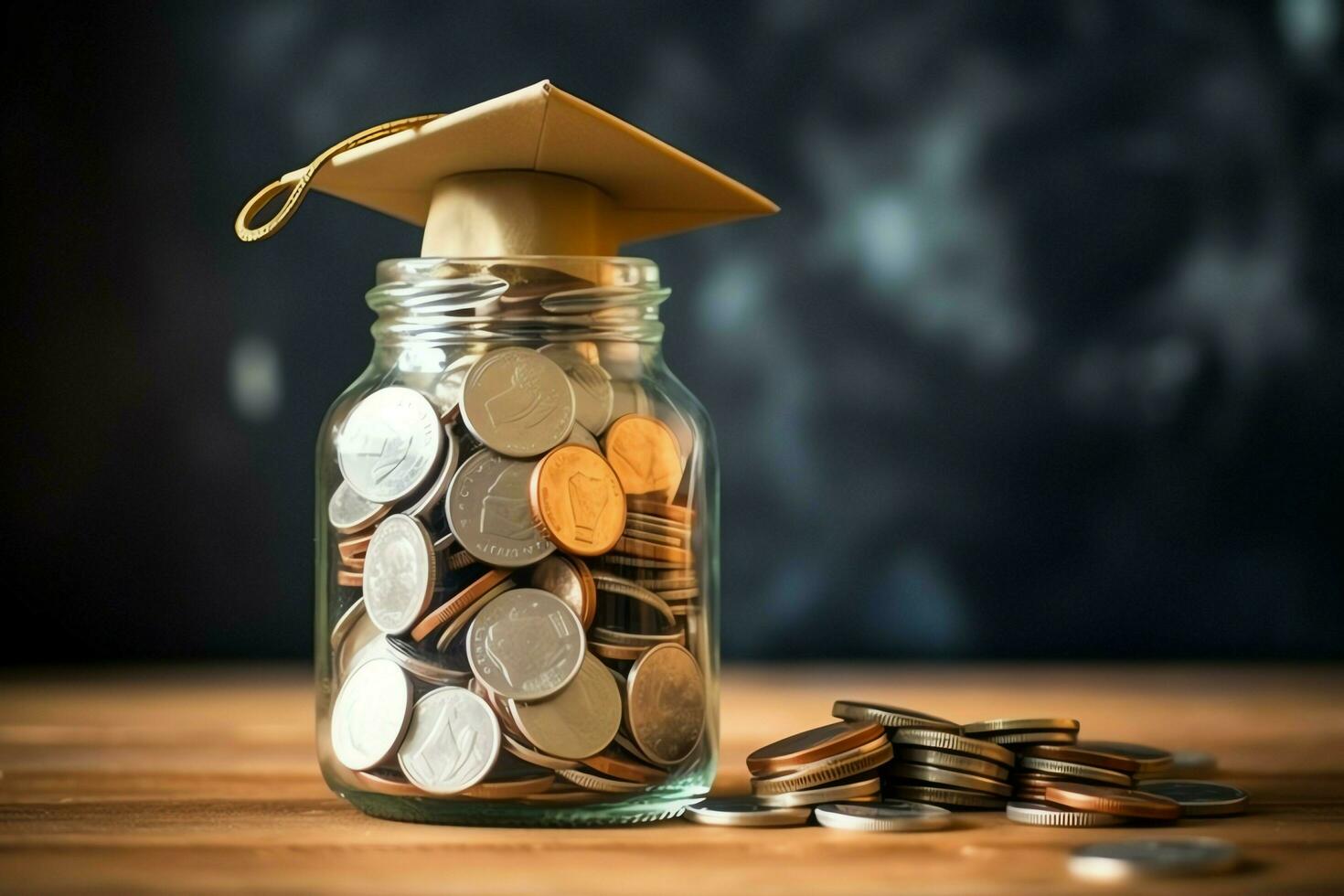 A glass bottle with stack of coins money and a graduation hat on top. Saving money and educational success concept by AI Generated photo