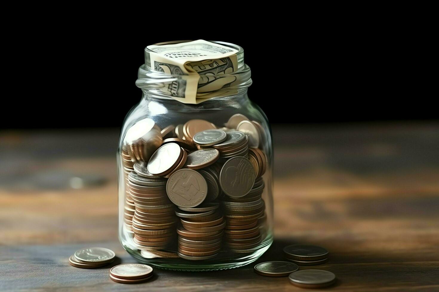 A glass bottle with stack of coins money and a graduation hat on top. Saving money and educational success concept by AI Generated photo