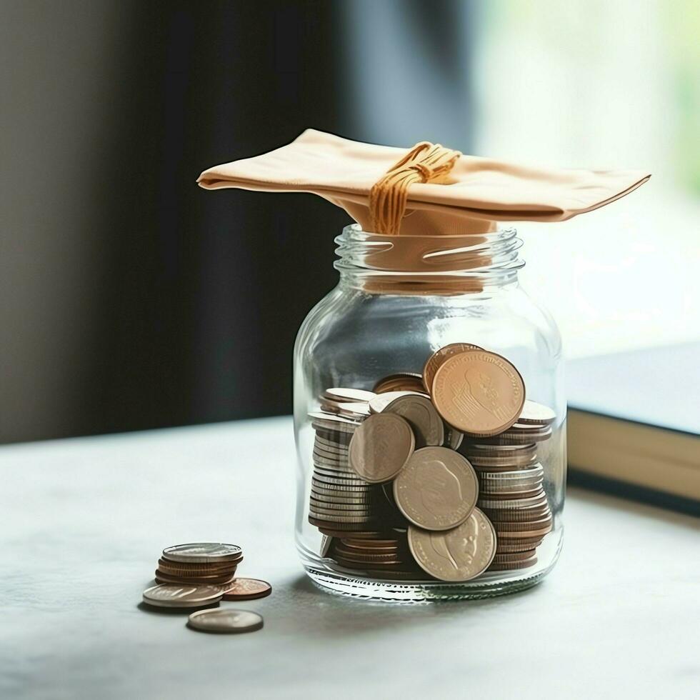 A glass bottle with stack of coins money and a graduation hat on top. Saving money and educational success concept by AI Generated photo