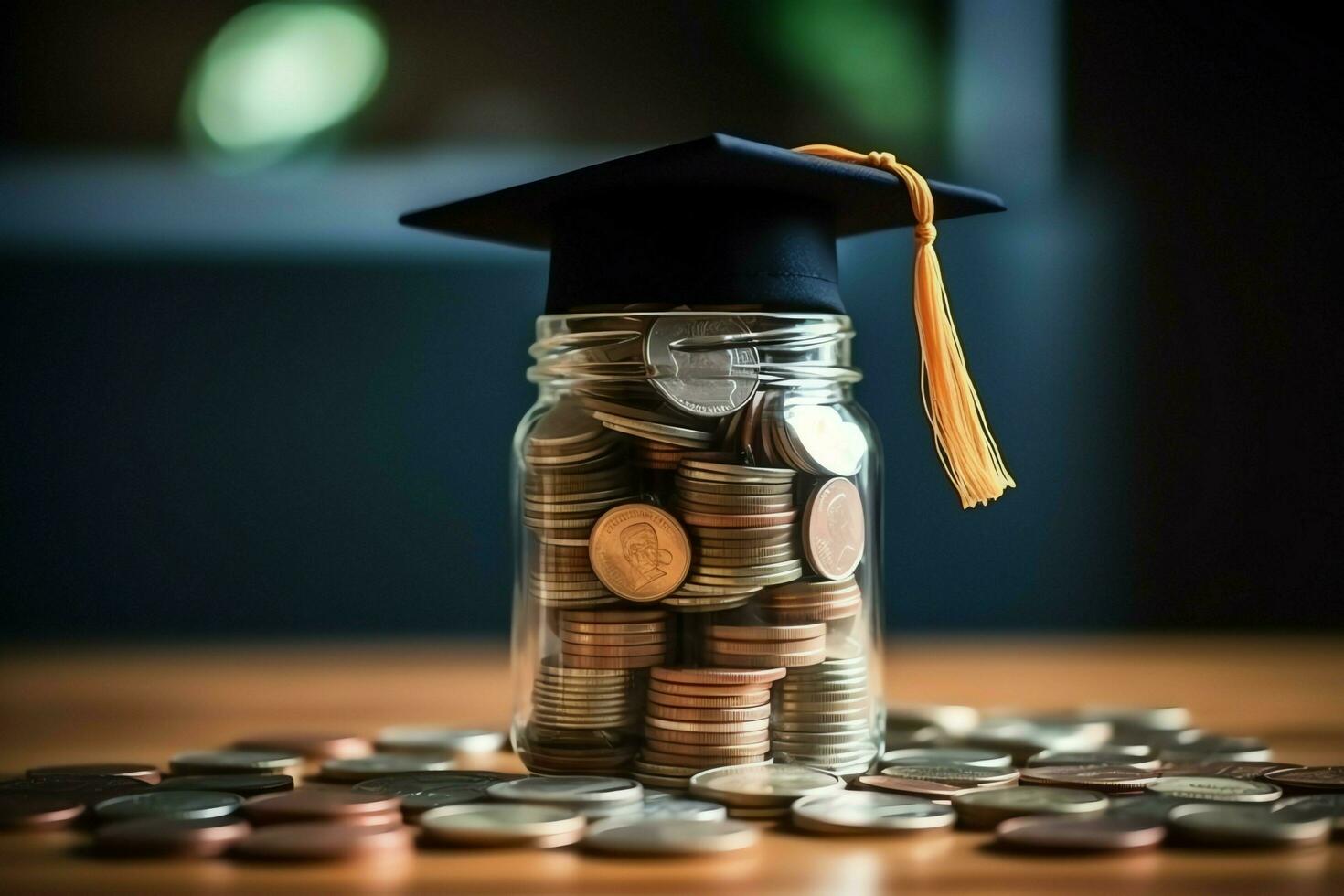 A glass bottle with stack of coins money and a graduation hat on top. Saving money and educational success concept by AI Generated photo