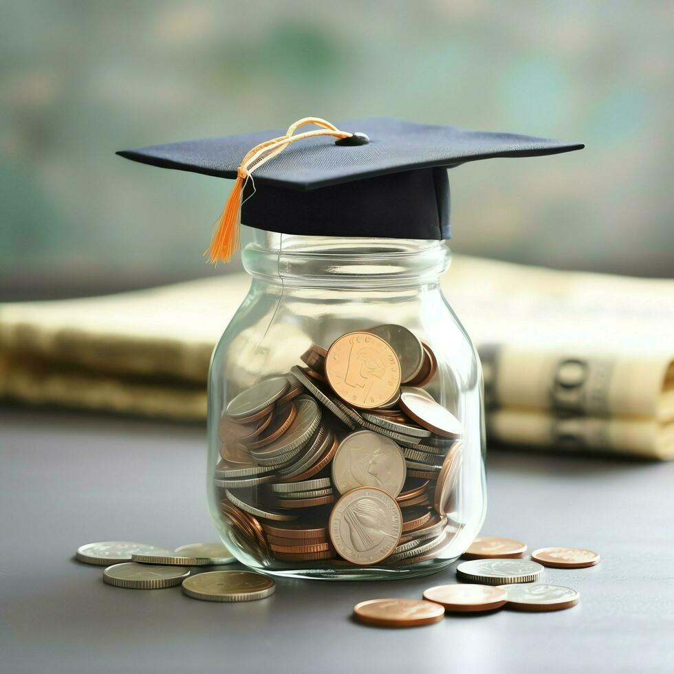 un vaso botella con apilar de monedas dinero y un graduación sombrero en cima. ahorro dinero y educativo éxito concepto por ai generado foto