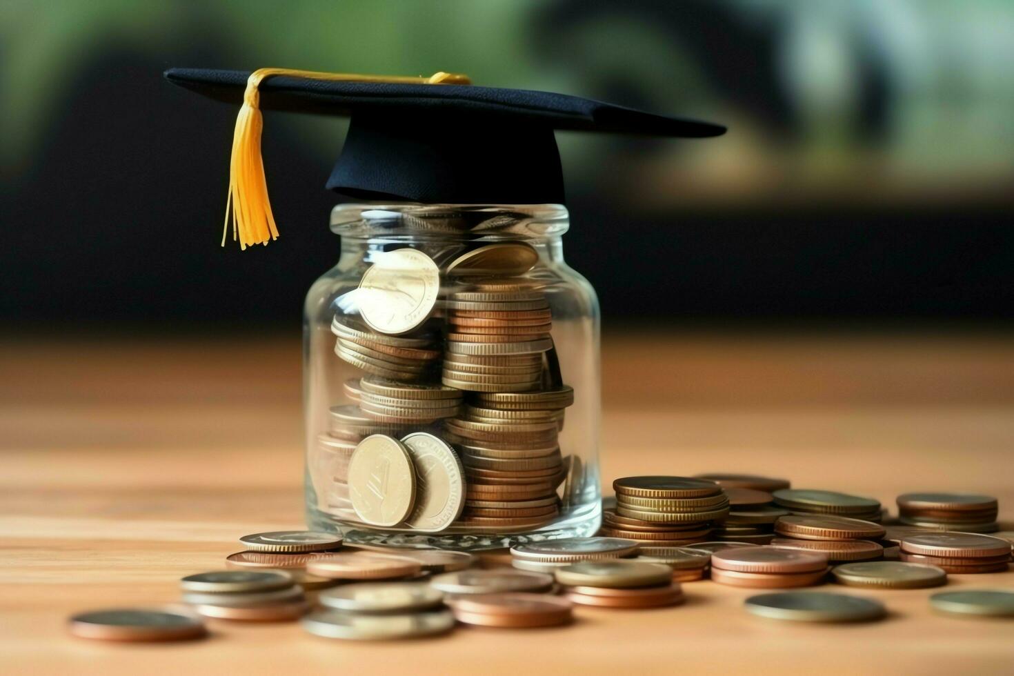 A glass bottle with stack of coins money and a graduation hat on top. Saving money and educational success concept by AI Generated photo