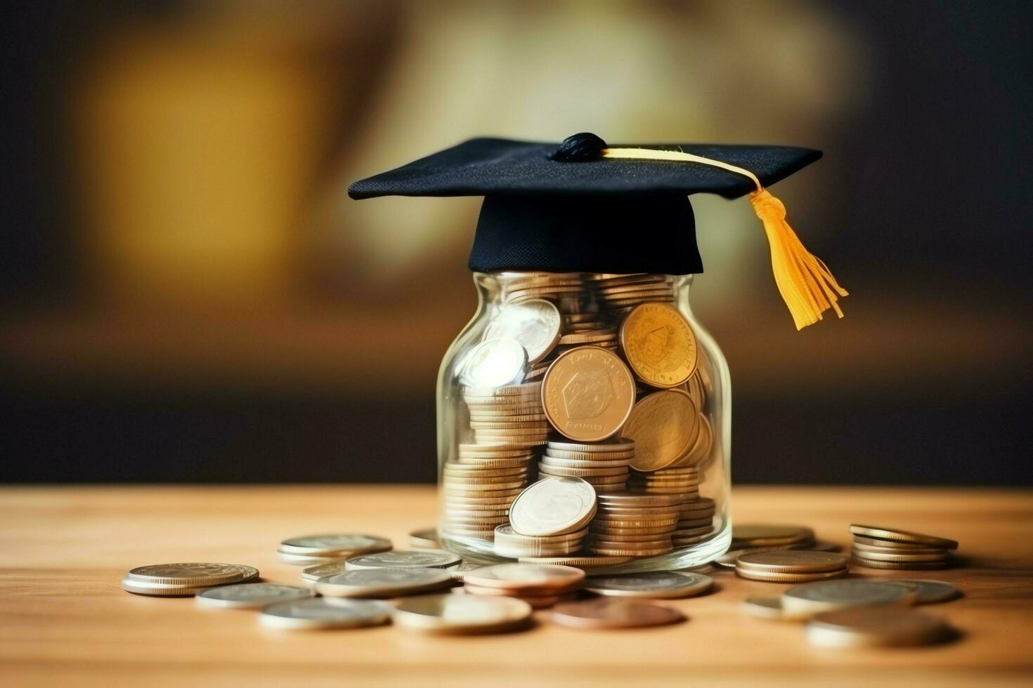 A glass bottle with stack of coins money and a graduation hat on top. Saving money and educational success concept by AI Generated photo