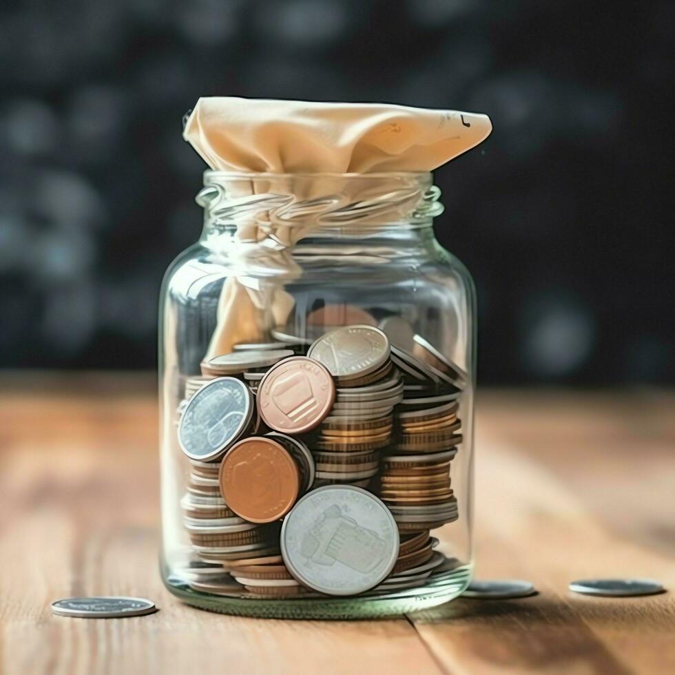 un vaso botella con apilar de monedas dinero y un graduación sombrero en cima. ahorro dinero y educativo éxito concepto por ai generado foto