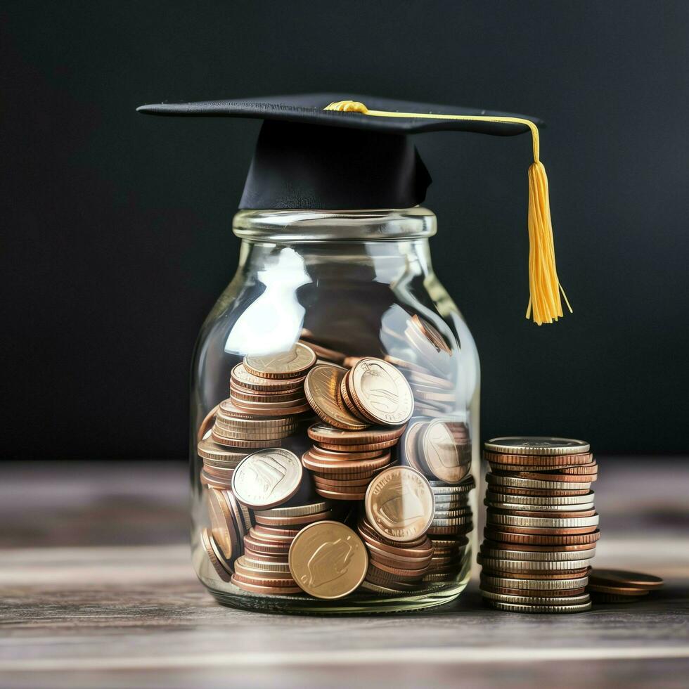 un vaso botella con apilar de monedas dinero y un graduación sombrero en cima. ahorro dinero y educativo éxito concepto por ai generado foto