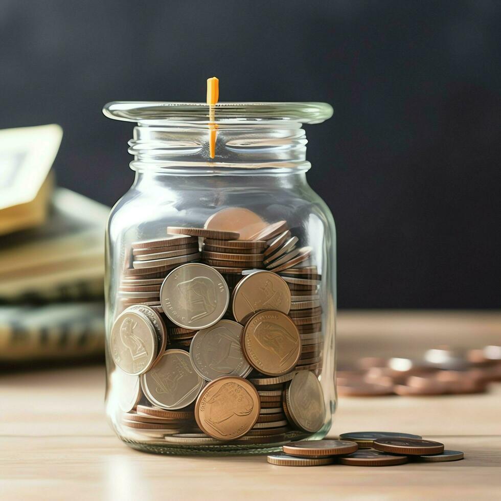 A glass bottle with stack of coins money and a graduation hat on top. Saving money and educational success concept by AI Generated photo