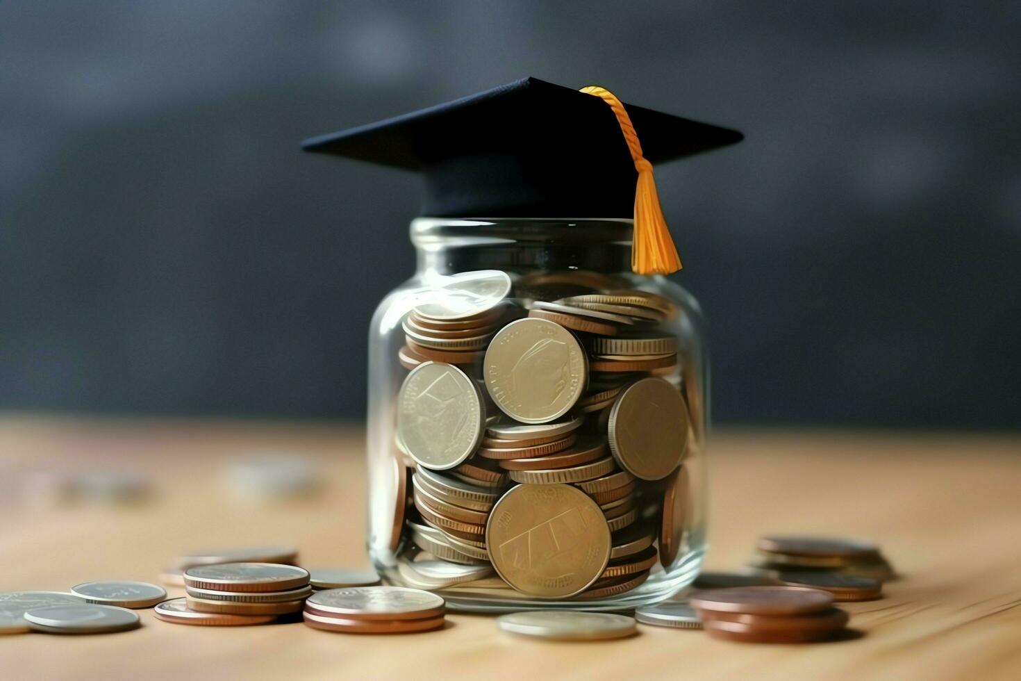 A glass bottle with stack of coins money and a graduation hat on top. Saving money and educational success concept by AI Generated photo