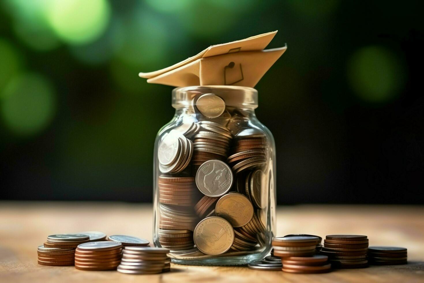 A glass bottle with stack of coins money and a graduation hat on top. Saving money and educational success concept by AI Generated photo