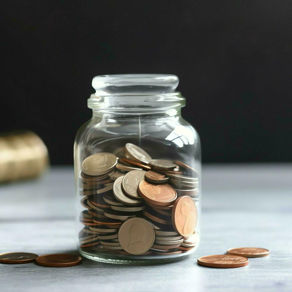 un vaso botella con apilar de monedas dinero y un graduación sombrero en cima. ahorro dinero y educativo éxito concepto por ai generado foto