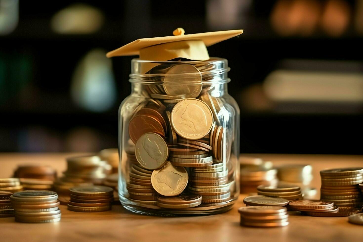 A glass bottle with stack of coins money and a graduation hat on top. Saving money and educational success concept by AI Generated photo