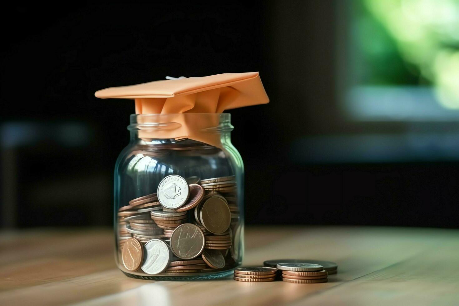 A glass bottle with stack of coins money and a graduation hat on top. Saving money and educational success concept by AI Generated photo