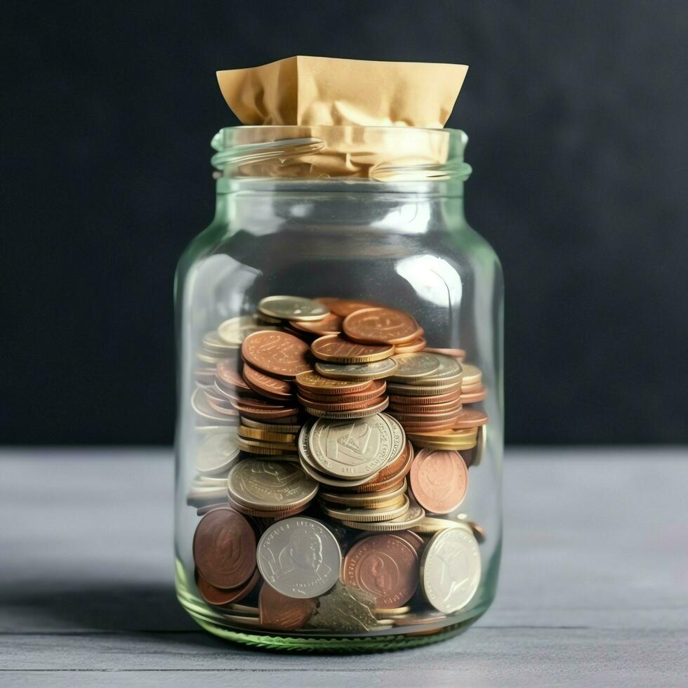 un vaso botella con apilar de monedas dinero y un graduación sombrero en cima. ahorro dinero y educativo éxito concepto por ai generado foto