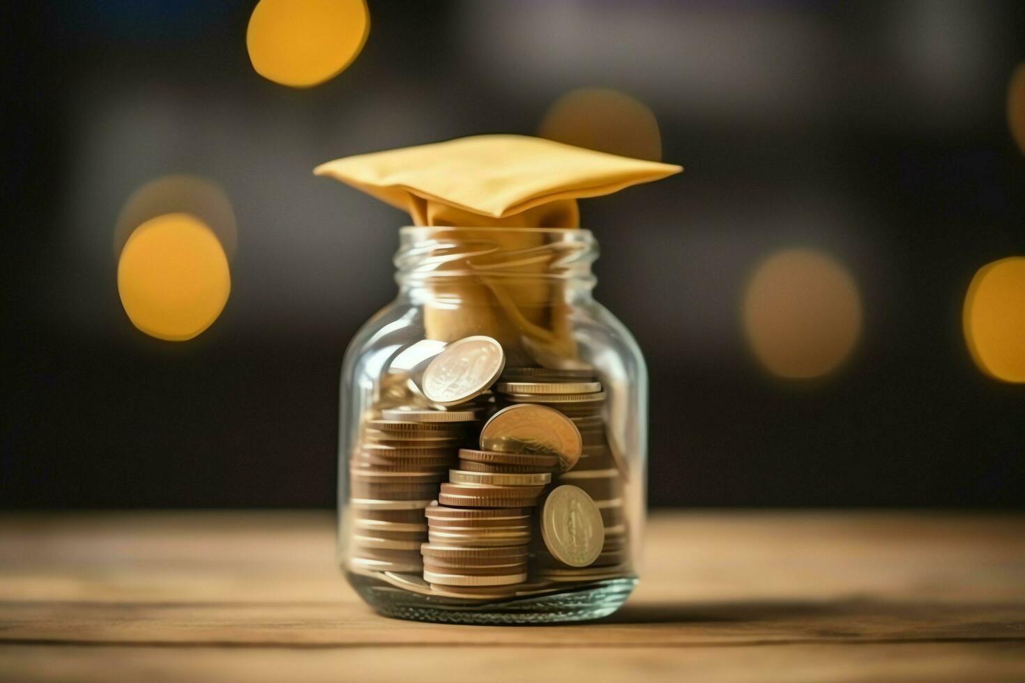 A glass bottle with stack of coins money and a graduation hat on top. Saving money and educational success concept by AI Generated photo