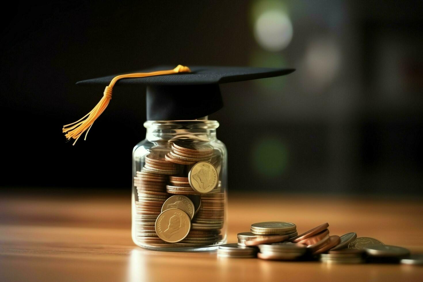 A glass bottle with stack of coins money and a graduation hat on top. Saving money and educational success concept by AI Generated photo