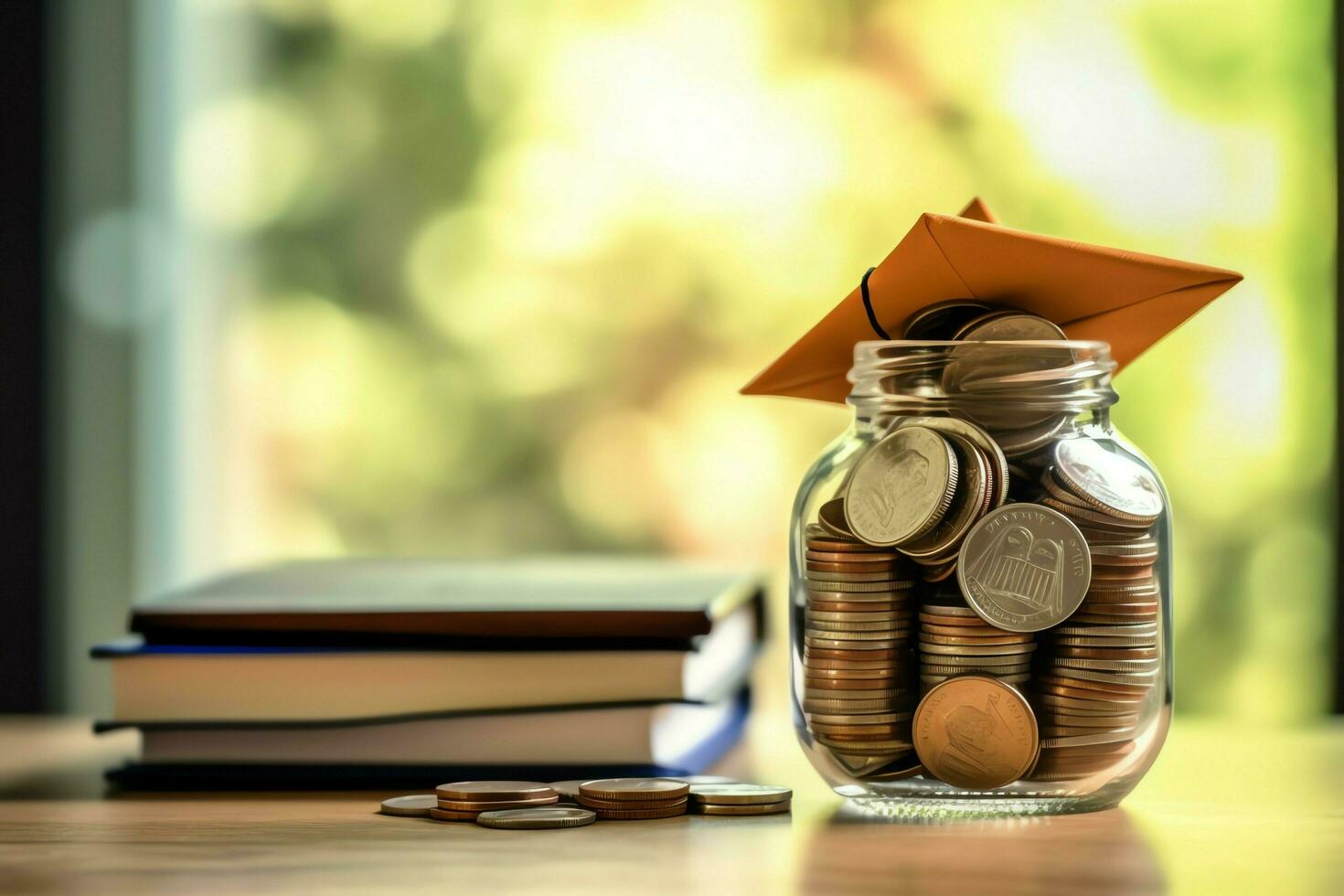 A glass bottle with stack of coins money and a graduation hat on top. Saving money and educational success concept by AI Generated photo