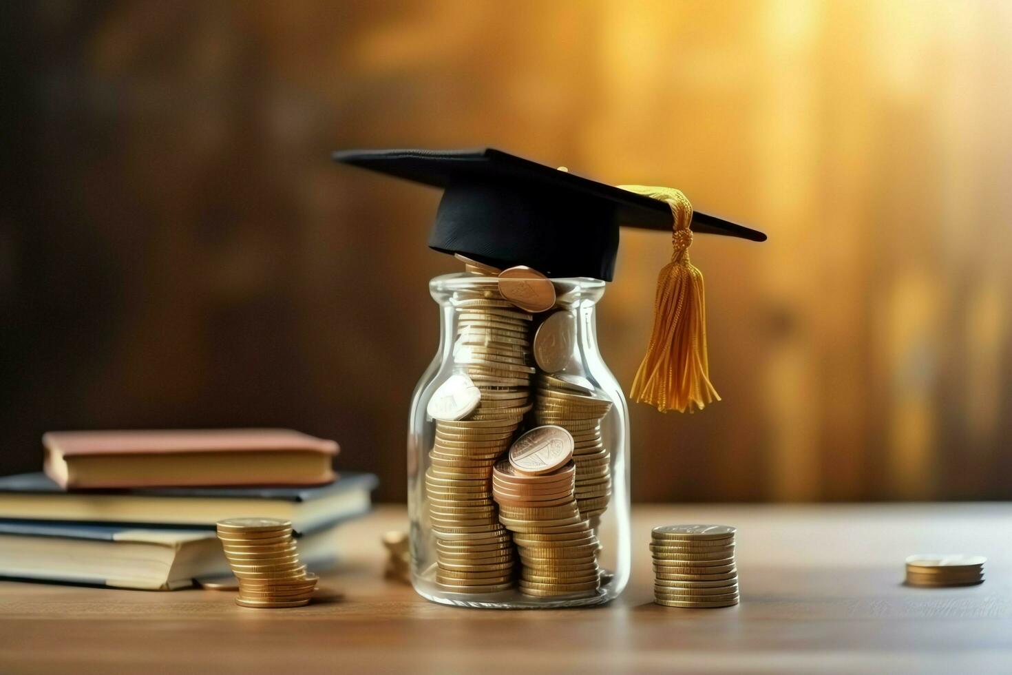 un vaso botella con apilar de monedas dinero y un graduación sombrero en cima. ahorro dinero y educativo éxito concepto por ai generado foto