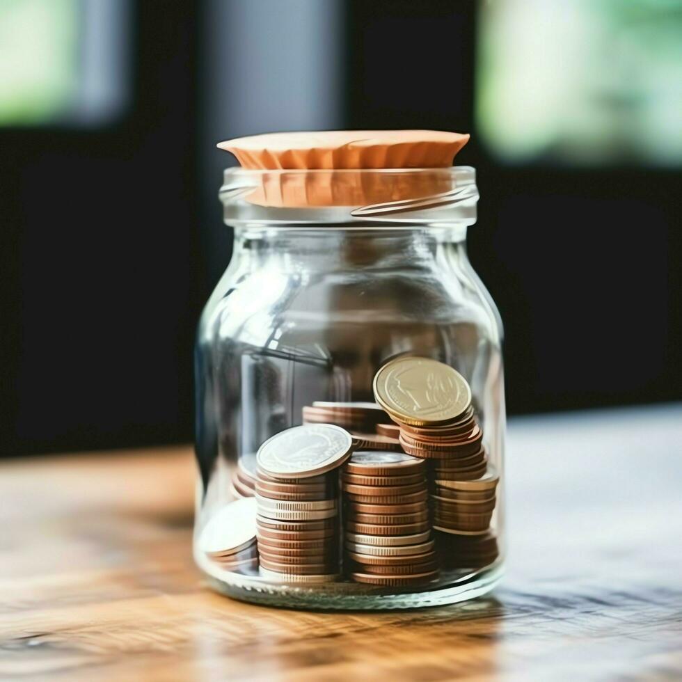 A glass bottle with stack of coins money and a graduation hat on top. Saving money and educational success concept by AI Generated photo