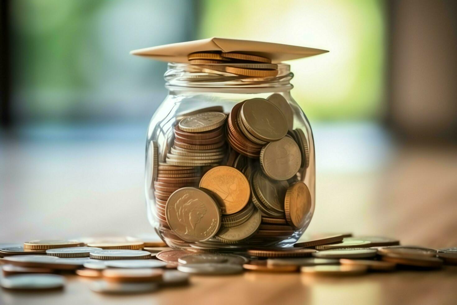 A glass bottle with stack of coins money and a graduation hat on top. Saving money and educational success concept by AI Generated photo