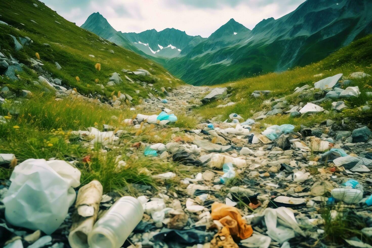 Environmental problem plastic garbage or trash in the mountain from global warming. Pollution concept by AI Generated photo