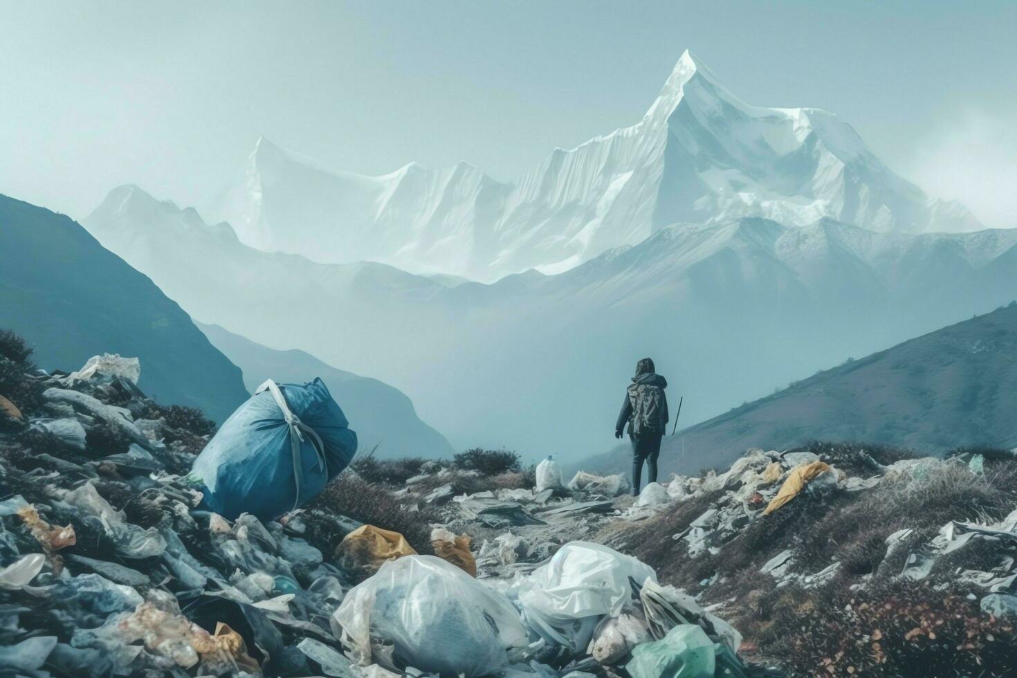 Environmental problem plastic garbage or trash in the mountain from global warming. Pollution concept by AI Generated photo