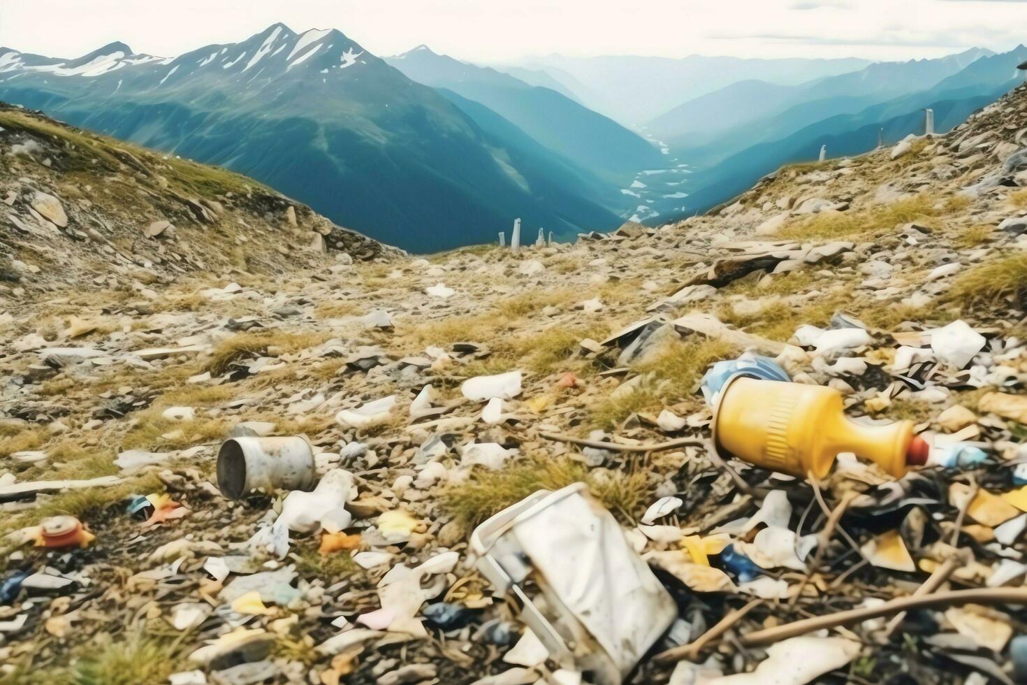 Environmental problem plastic garbage or trash in the mountain from global warming. Pollution concept by AI Generated photo