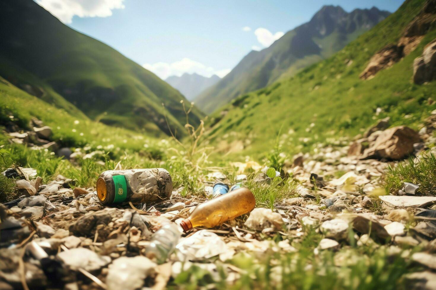 ambiental problema el plastico basura o basura en el montaña desde global calentamiento contaminación concepto por ai generado foto