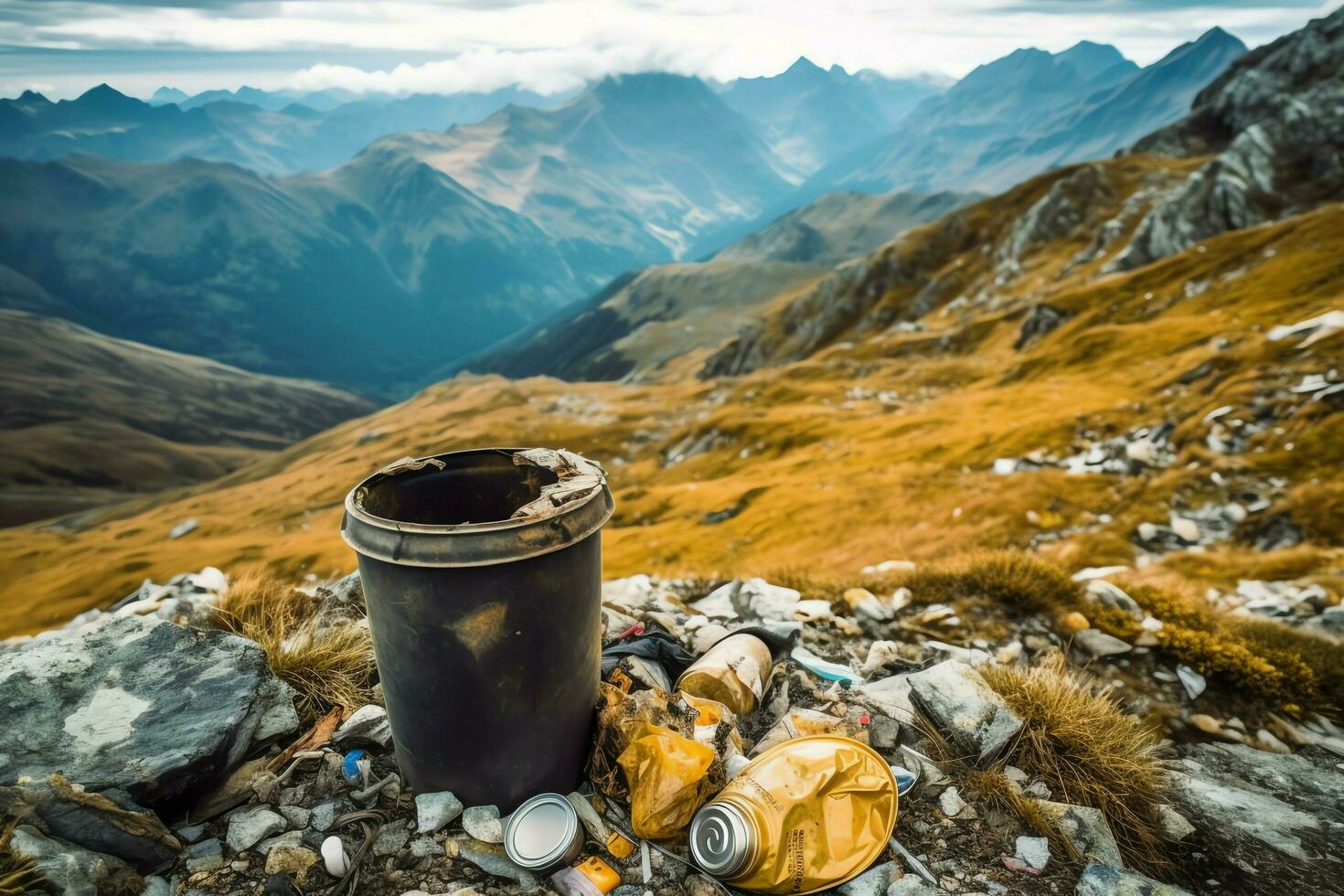 Environmental problem plastic garbage or trash in the mountain from global warming. Pollution concept by AI Generated photo