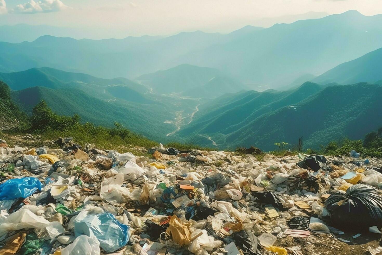 Environmental problem plastic garbage or trash in the mountain from global warming. Pollution concept by AI Generated photo