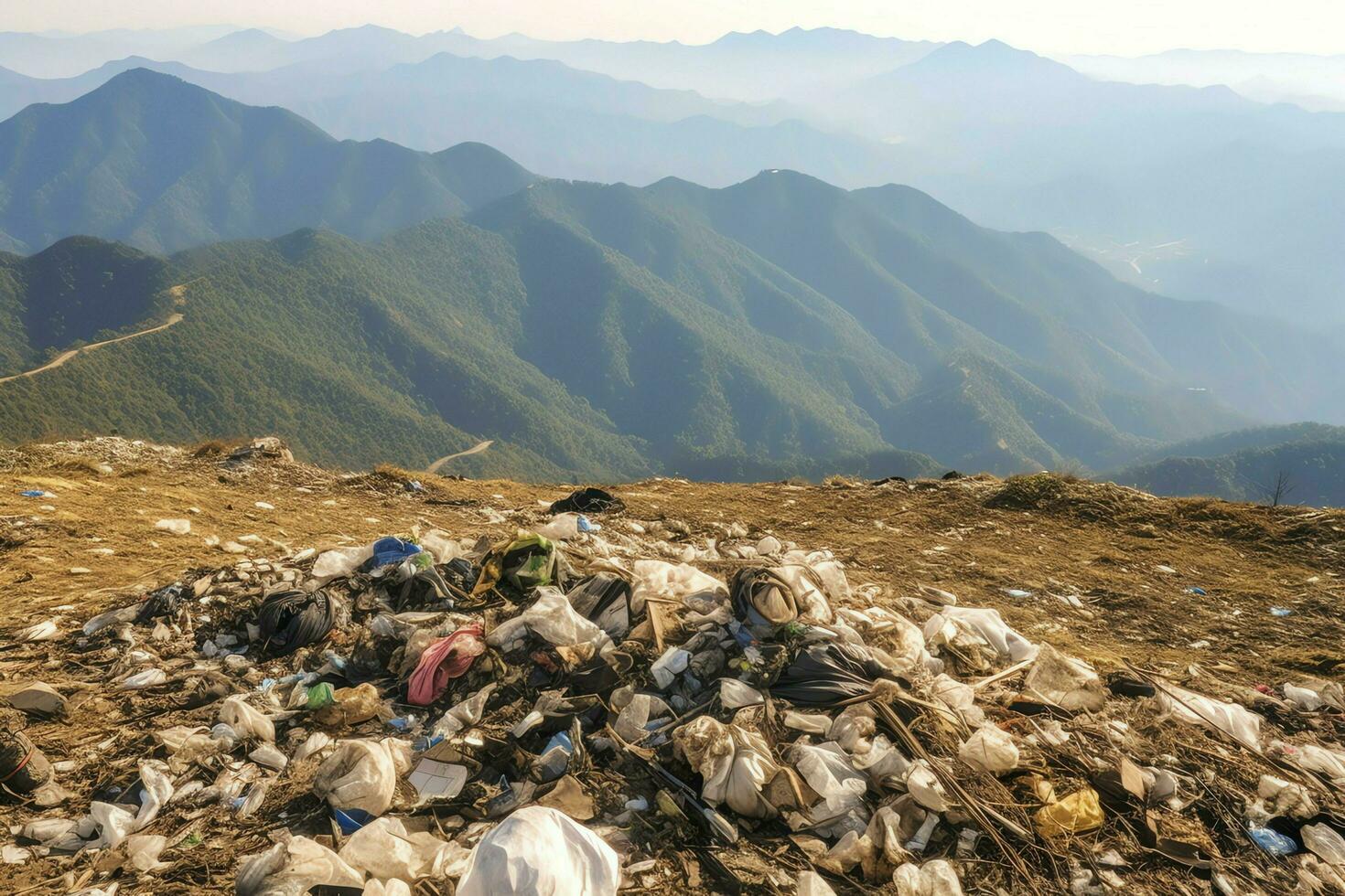 Environmental problem plastic garbage or trash in the mountain from global warming. Pollution concept by AI Generated photo