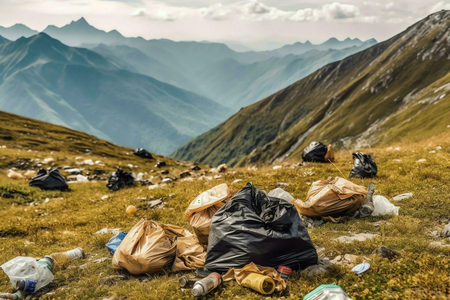 Environmental problem plastic garbage or trash in the mountain from global warming. Pollution concept by AI Generated photo