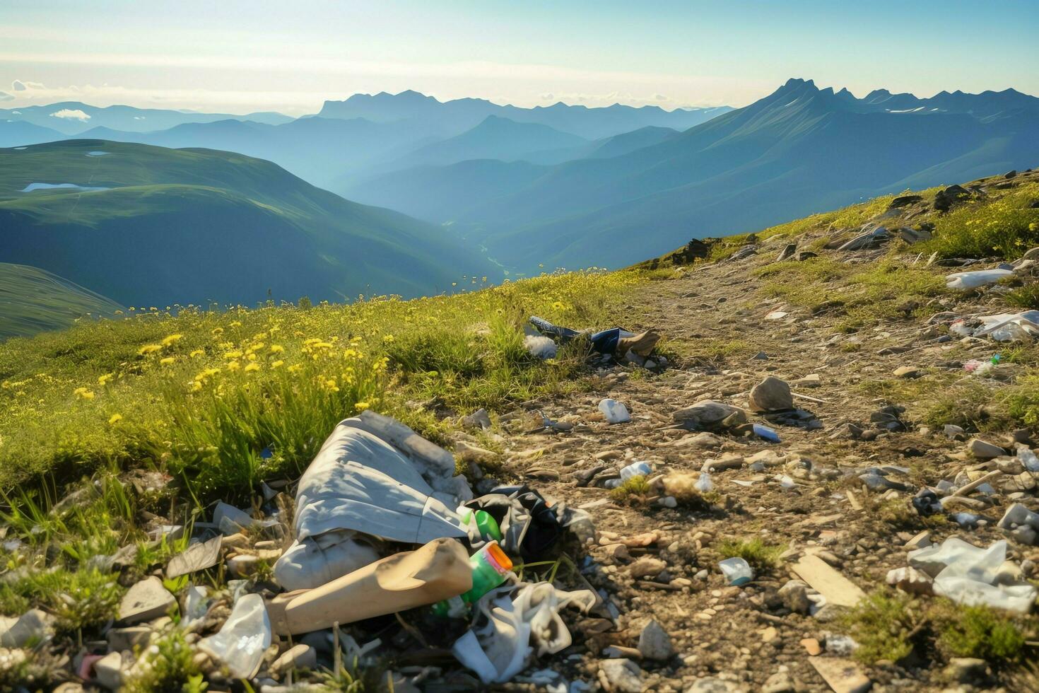 Environmental problem plastic garbage or trash in the mountain from global warming. Pollution concept by AI Generated photo