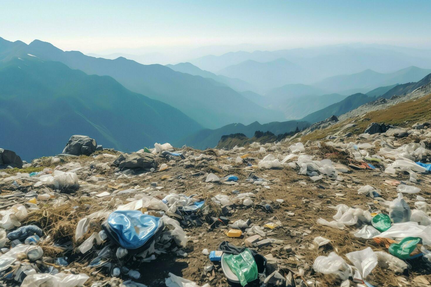 Environmental problem plastic garbage or trash in the mountain from global warming. Pollution concept by AI Generated photo