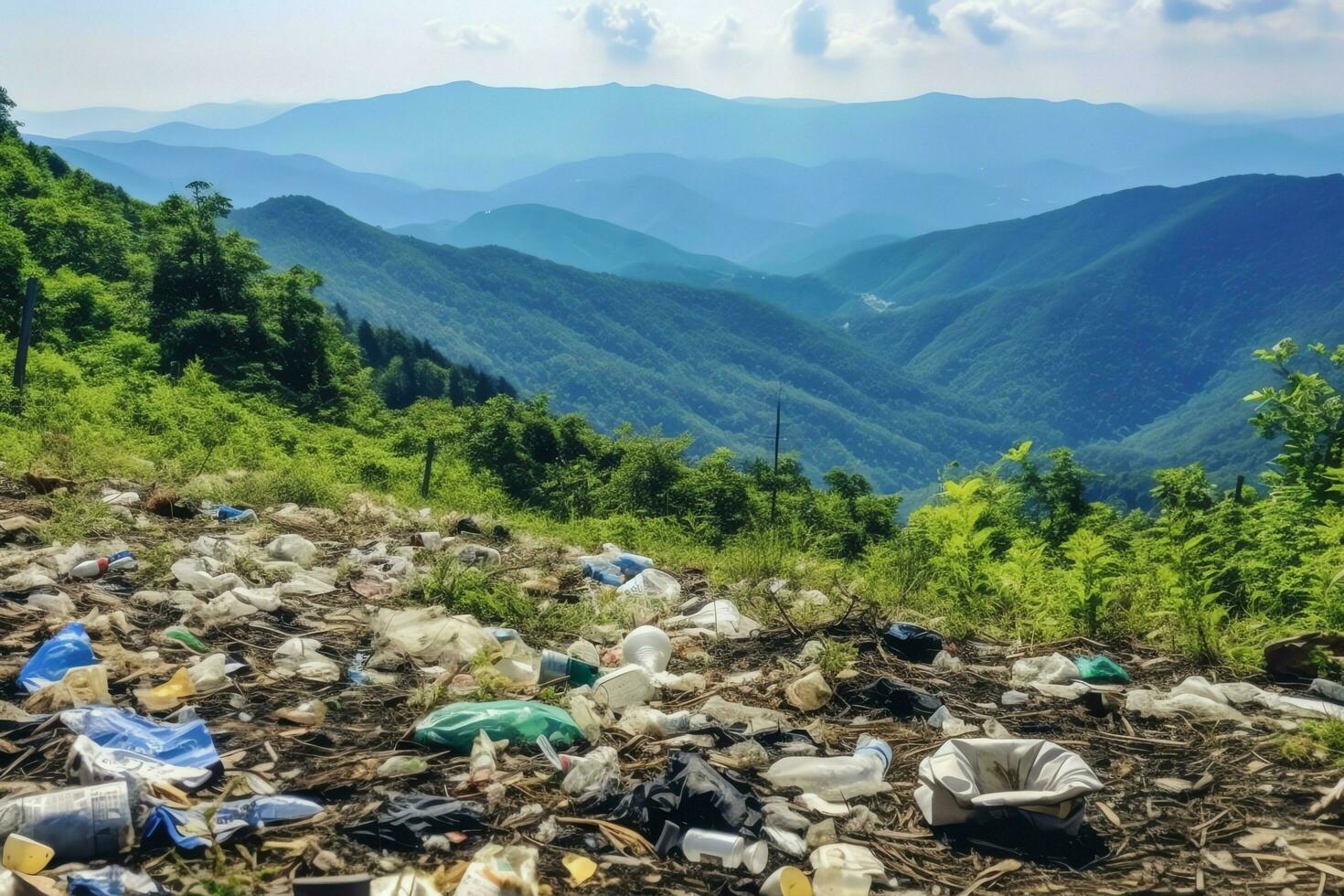 Environmental problem plastic garbage or trash in the mountain from global warming. Pollution concept by AI Generated photo