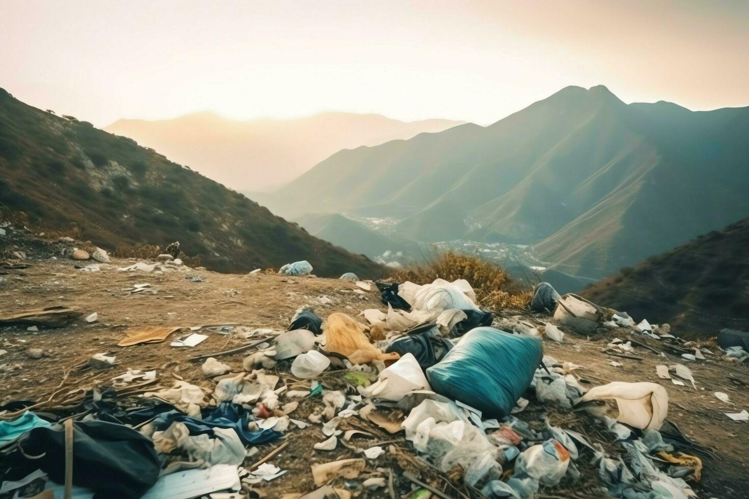 Environmental problem plastic garbage or trash in the mountain from global warming. Pollution concept by AI Generated photo