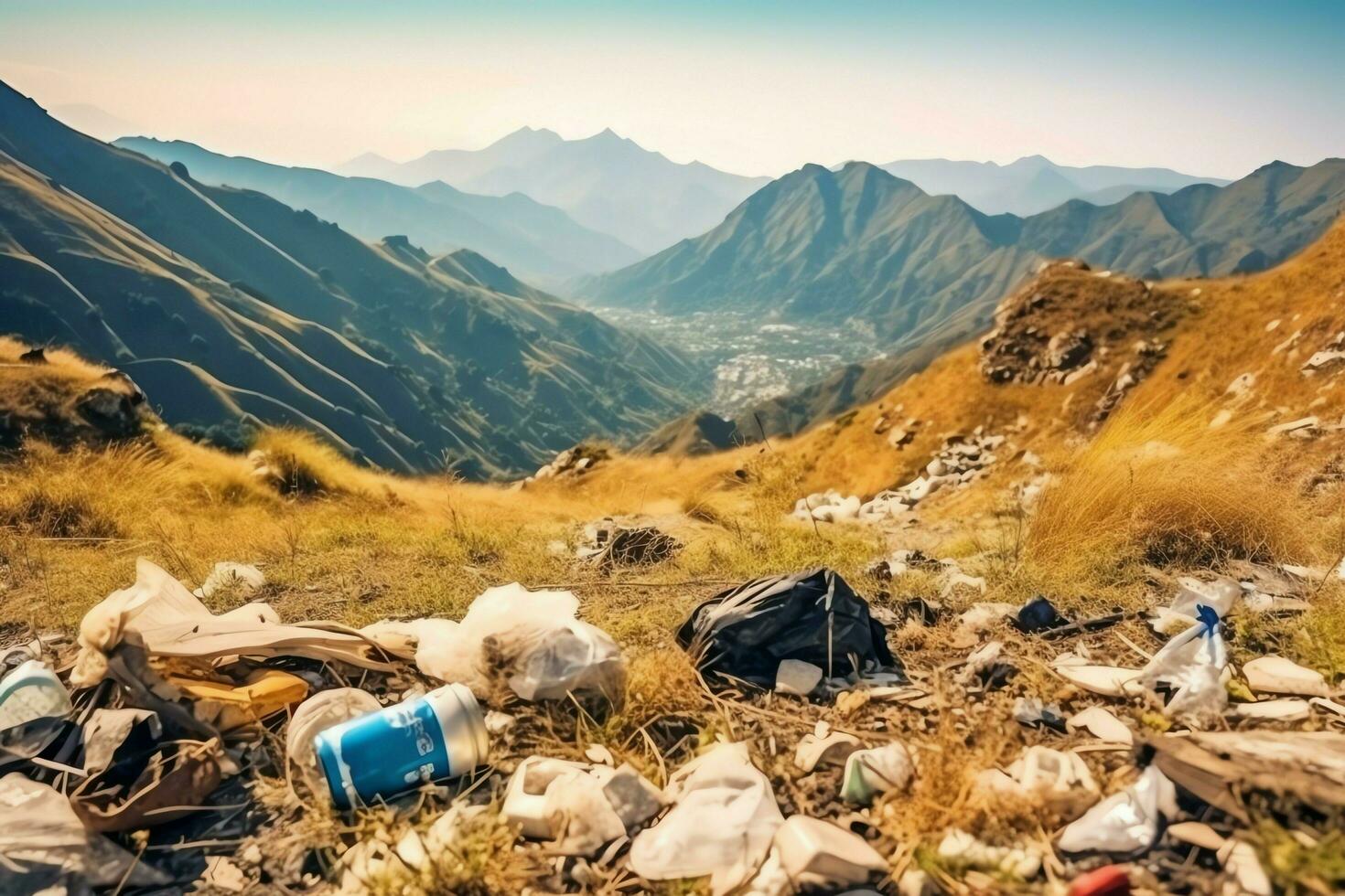 Environmental problem plastic garbage or trash in the mountain from global warming. Pollution concept by AI Generated photo